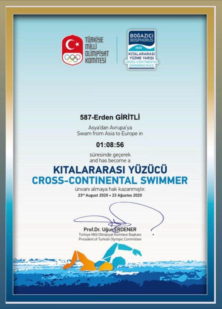 Bosphorus Cross-Continental Swimming Race finisher certificate for Erden Giritli