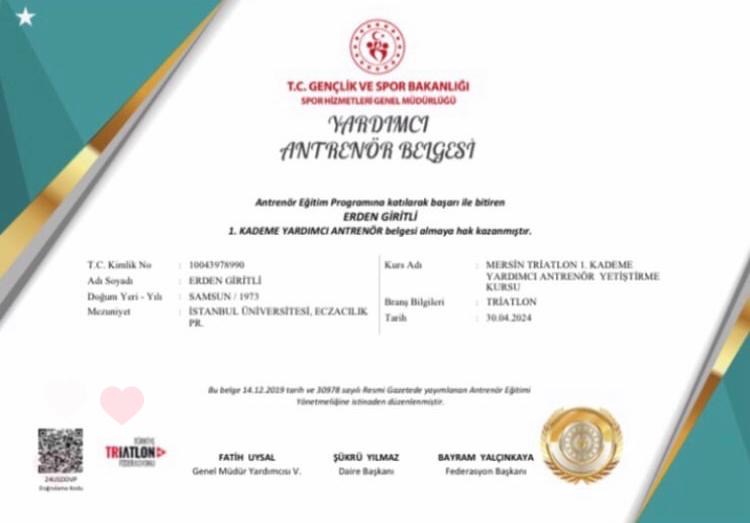Level 1 assistant triathlon coach certificate issued to Erden Giritli by the Ministry of Youth and Sports