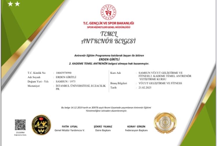 Level 2 basic fitness coach certificate issued to Erden Giritli by the Ministry of Youth and Sports
