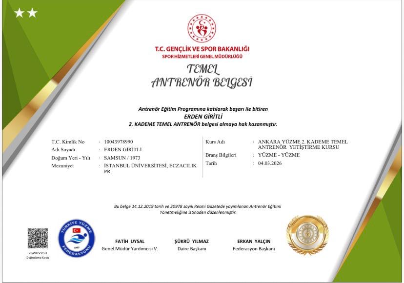 Level 2 basic swimming coach certificate issued to Erden Giritli by the Ministry of Youth and Sports