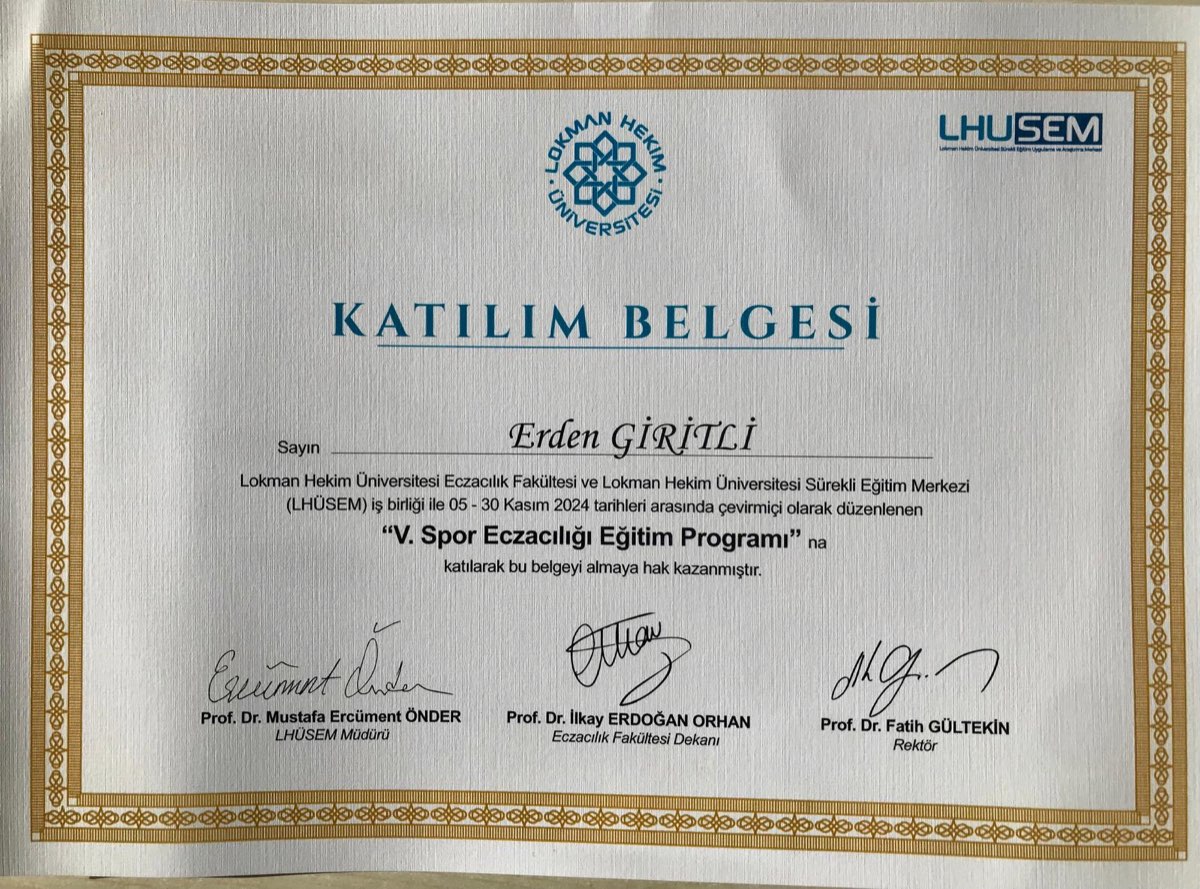Sports Pharmacy Training Program participation certificate issued to Erden Giritli by Lokman Hekim University