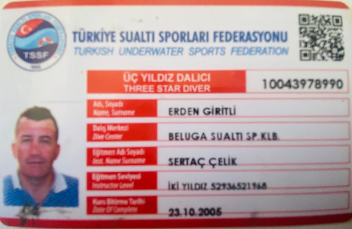 Three Star Diver card for Erden Giritli issued by the Turkish Underwater Sports Federation