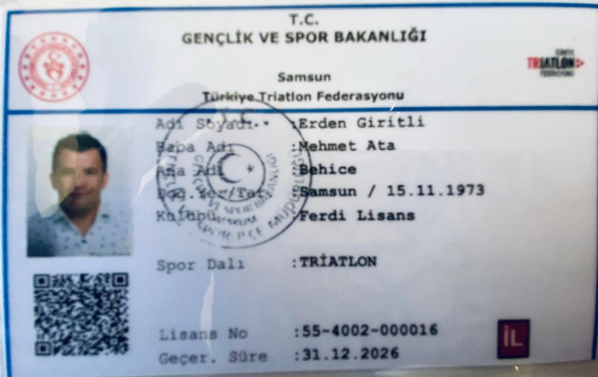 Back side of Erden Giritli's Turkey Triathlon Federation triathlon license
