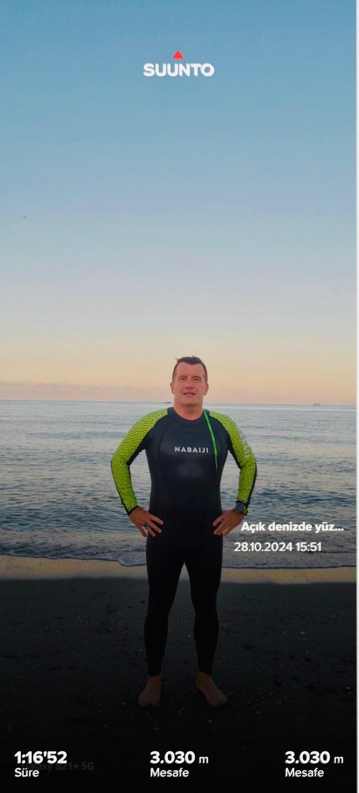 Erden Giritli after an open water swim session, reflecting his swimming coach and open water experience
